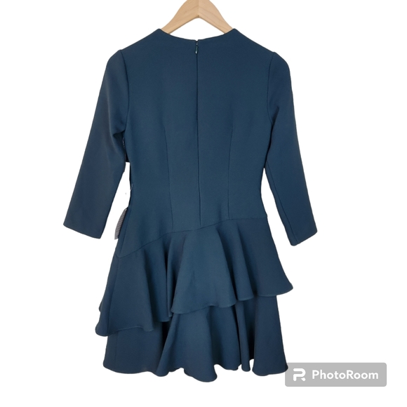 NWT Eliza J Dark Green Tiered Ruffle Hem 3/4 Sleeve Shift Dress Sz 2 - Picture 9 of 9